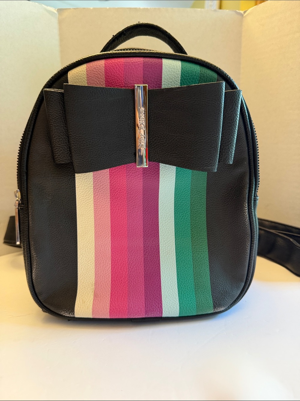 Betsey Johnson Black Mini Backpack with Pink, Green & White Stripes